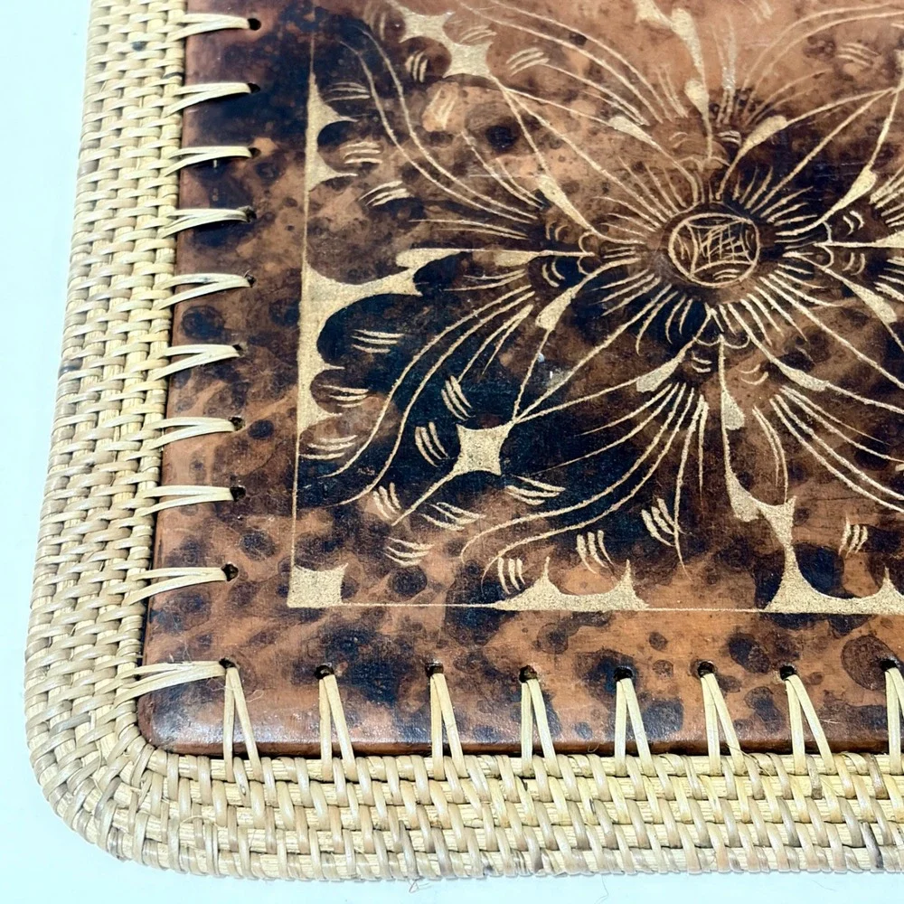 Etched Stretched Leather Starburst Compass Tile Ratan Border L Square Trivet